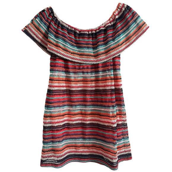 ND Striped Crochet Lace Knit Boho Peasant Off-Shoulder Top - Sz Small - Picture 1 of 3